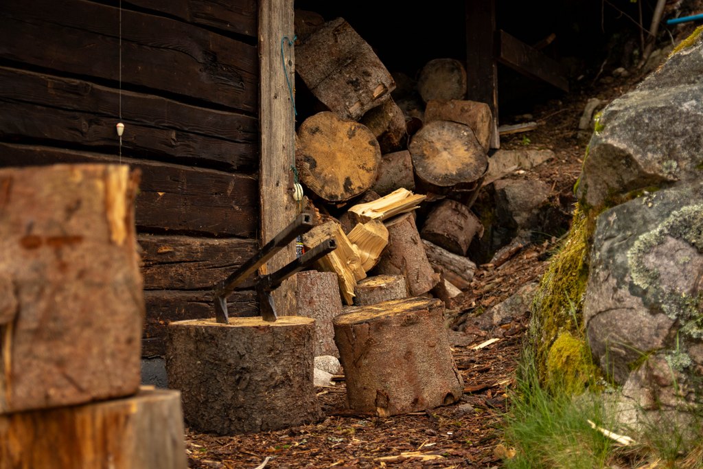 Puupölkkyjä, joihin on isketty pari kirvestä. Taustalla lisää pölkkyjä.